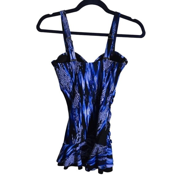 Mazu Swim Shirred One Piece Skater Swim Dress Blue Black Snake Print Size 8 - Picture 2 of 12